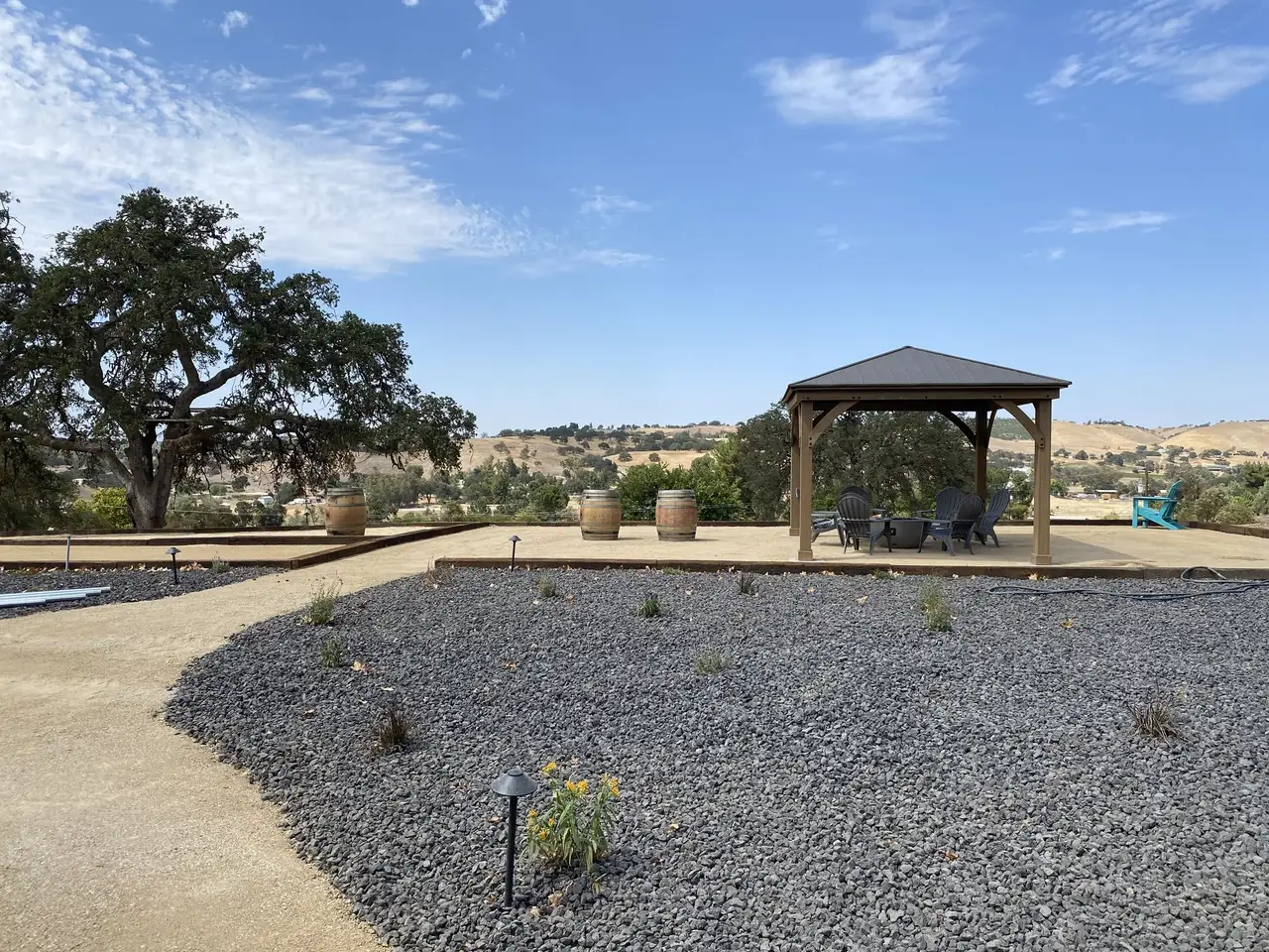 Decomposed granite paths and gravel beds with path lights