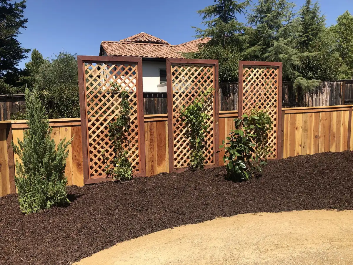 Redwood lattice privacy screens with climbing vines beside a patio